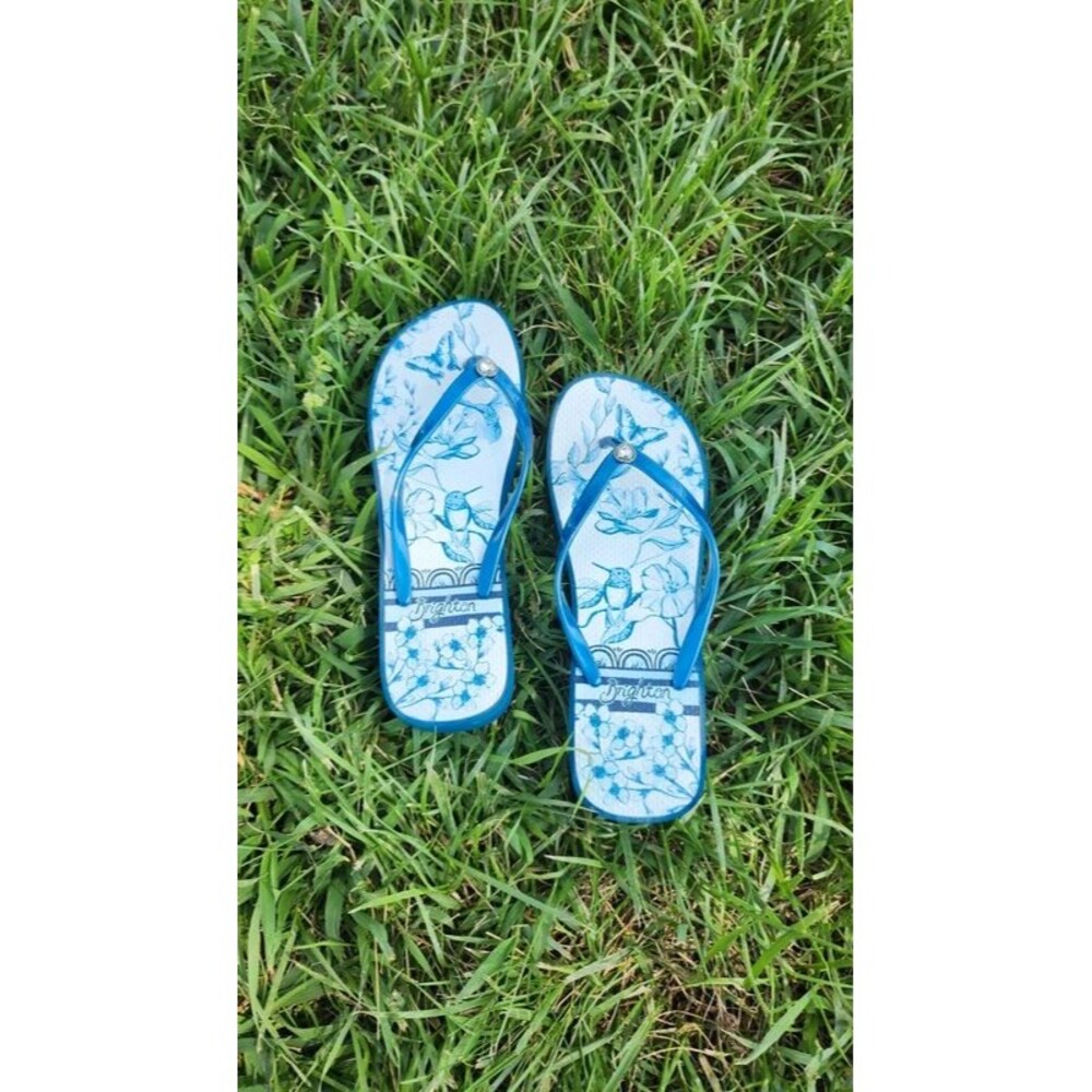 Brighton Birdie Platform Flip Flops Blue Hummingbird Diamond Heart Sandals